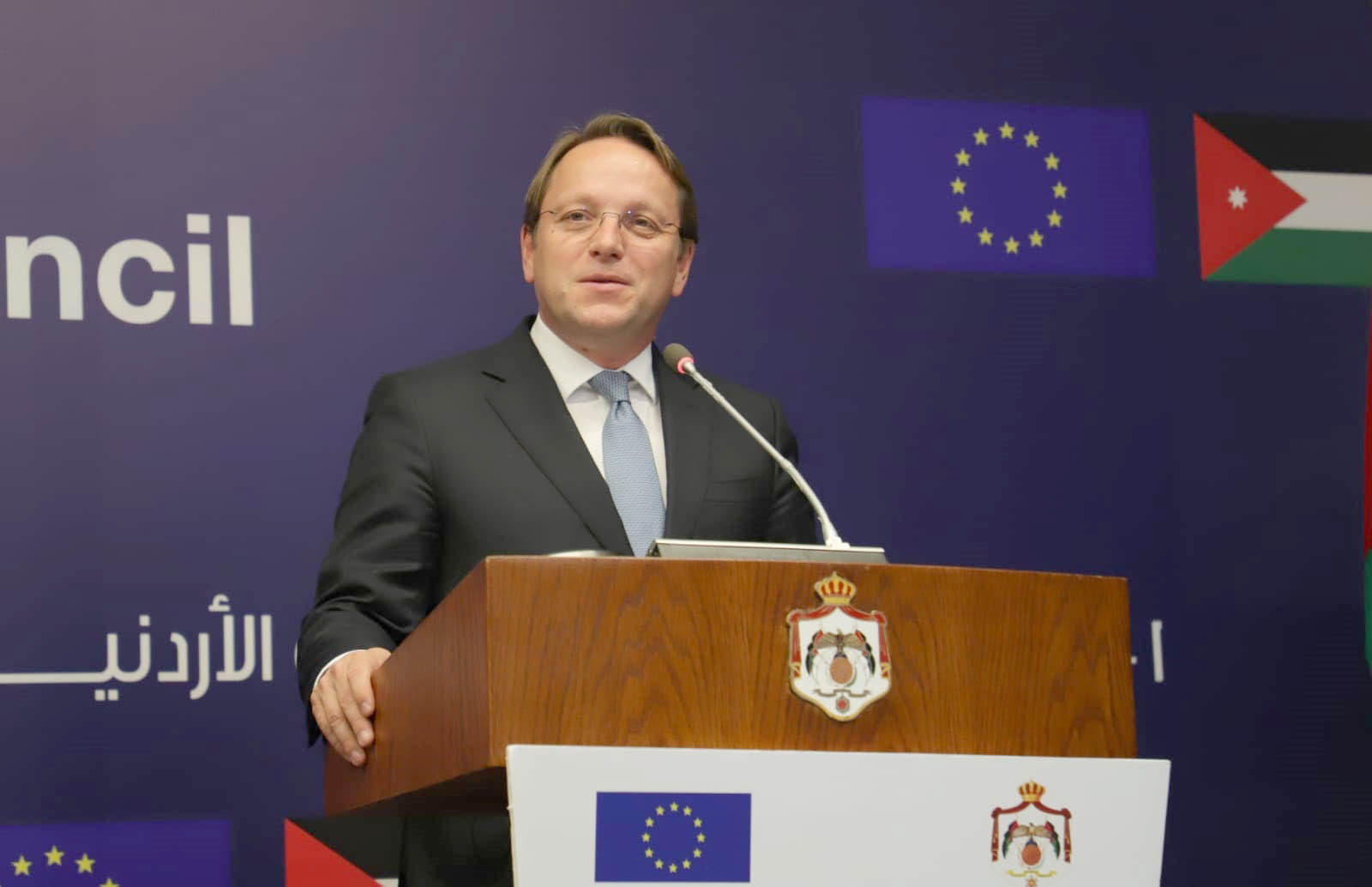 European Commissioner for Neighbourhood and Enlargement Oliver Varhelyi speaks during a press conference during the 14th session of the EU-Jordan Association Council held at the Dead Sea on Thursday (Petra photo)